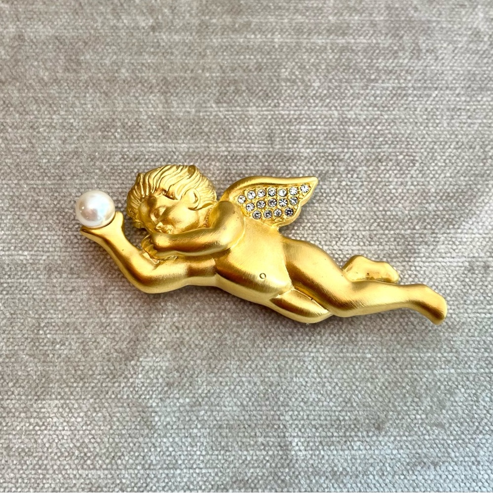 Vintage Gilded Cherub Brooch by Bob Mackie, 1980s